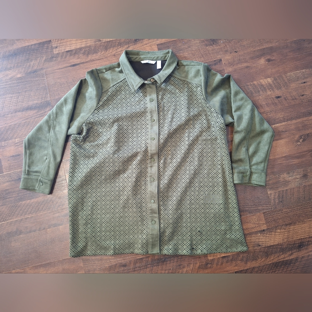 Isaac Mizrahi Olive Green Perforated Snap-Front Shirt Jacket
